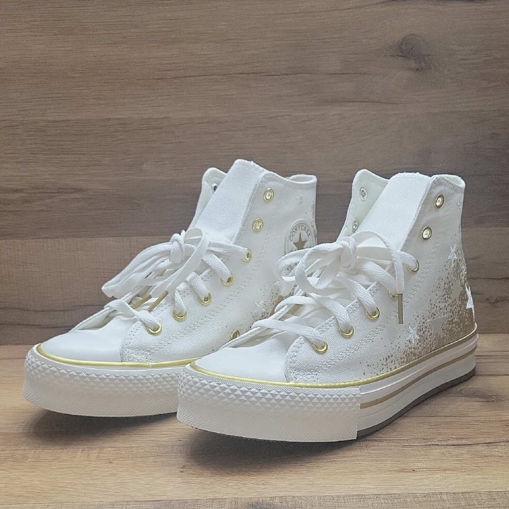 Converse White and Gold High-Top Sneakers Classic Style Size 7.5 Women